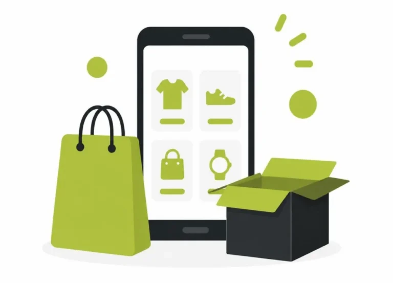 Ramlogics multi-vendor marketplace on a mobile phone with shopping bag and parcel
