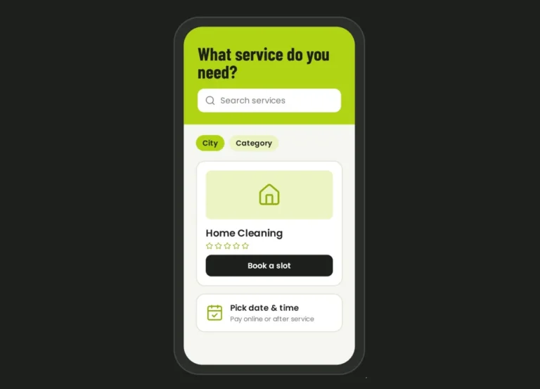 Ramlogics Services on-demand marketplace booking screen on a mobile phone